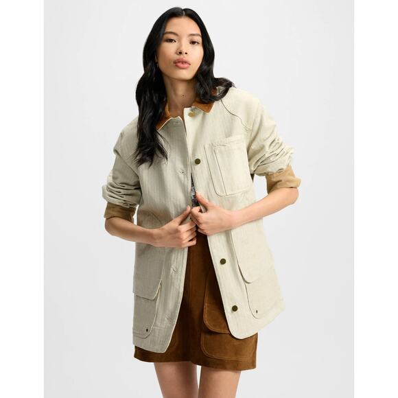 Veronica Beard Abbas Chore Jacket Off-White Cotton Suede-Trim Jacket - Picture 1 of 15